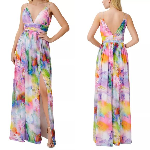 Aidan Mattox V Neck Printed Chiffon Maxi Dress - Picture 2 of 13